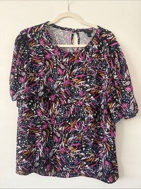 Ann Taylor Black Floral Short Sleeve Blouse with Pink & Mustard Accents
